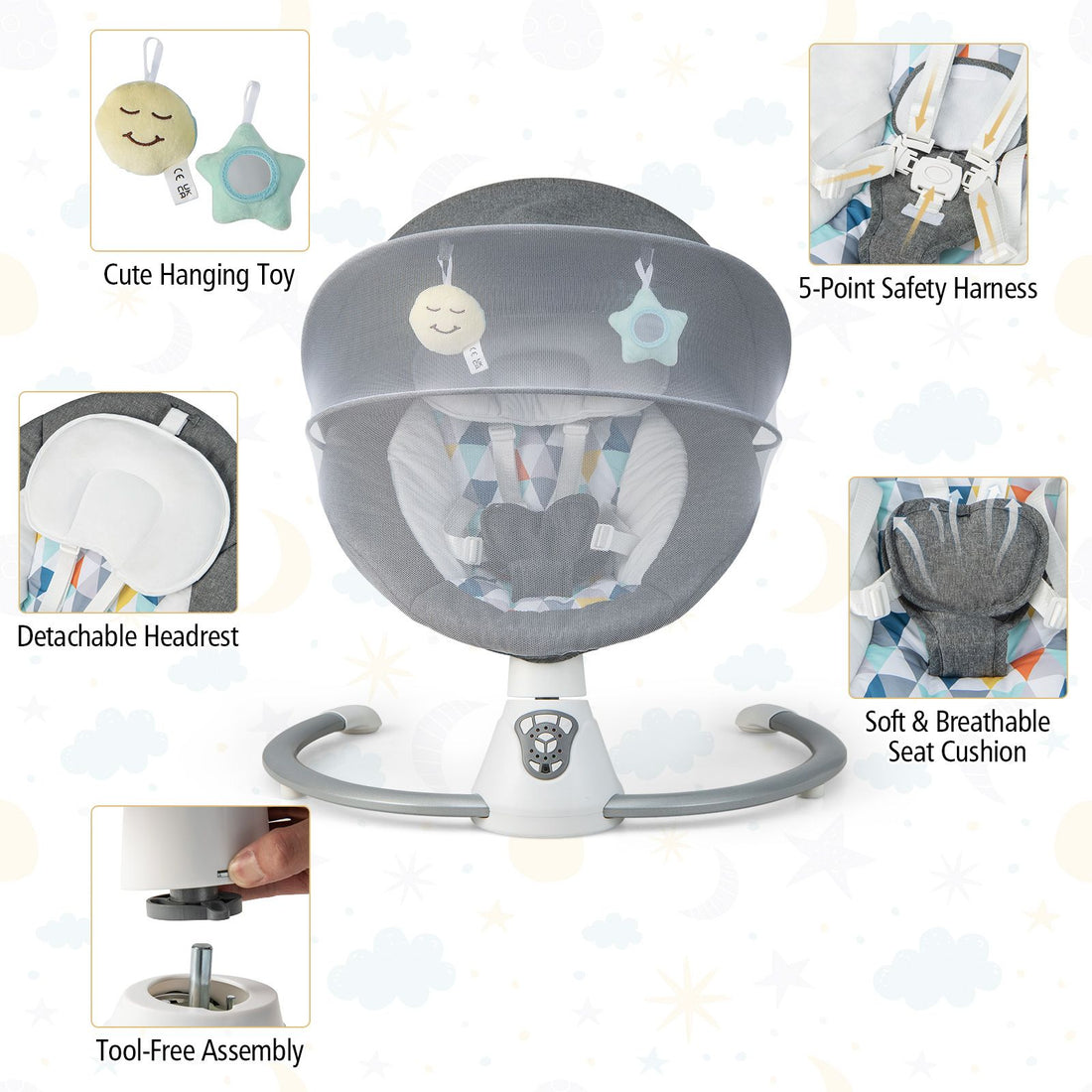 Baby Bouncer with 5 Swing Speeds and Built-In 17 Music for Newborn