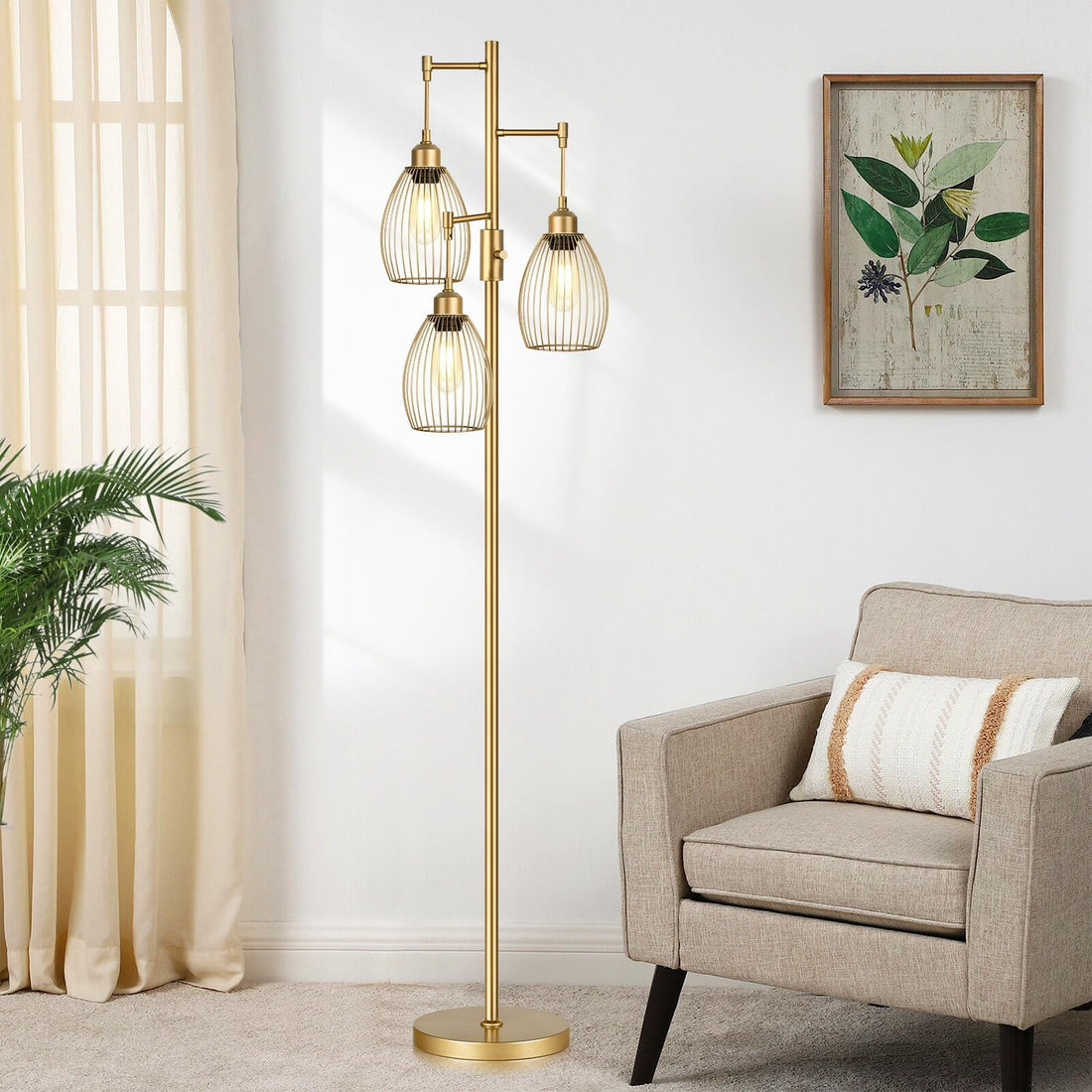 Dimmable Industrial Floor Lamps for Living Room, Gold Tree Standing Tall Lamps