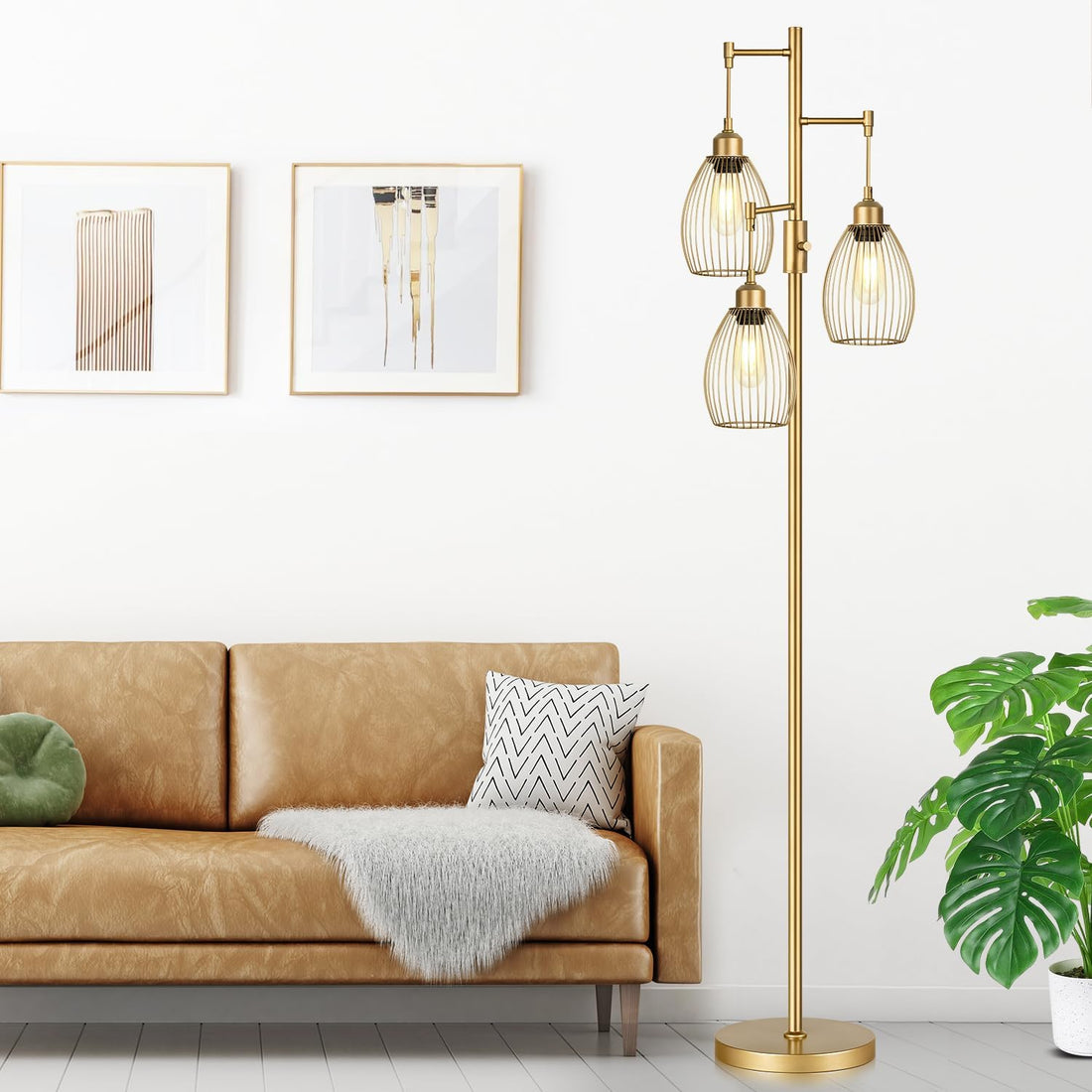 Dimmable Industrial Floor Lamps for Living Room, Gold Tree Standing Tall Lamps