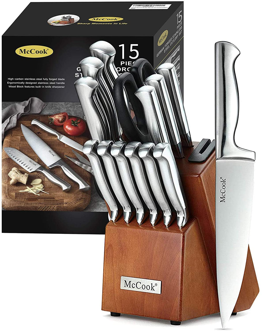 Knife Sets, German Stainless Steel Kitchen Knife Block Sets with Built-in Sharpener