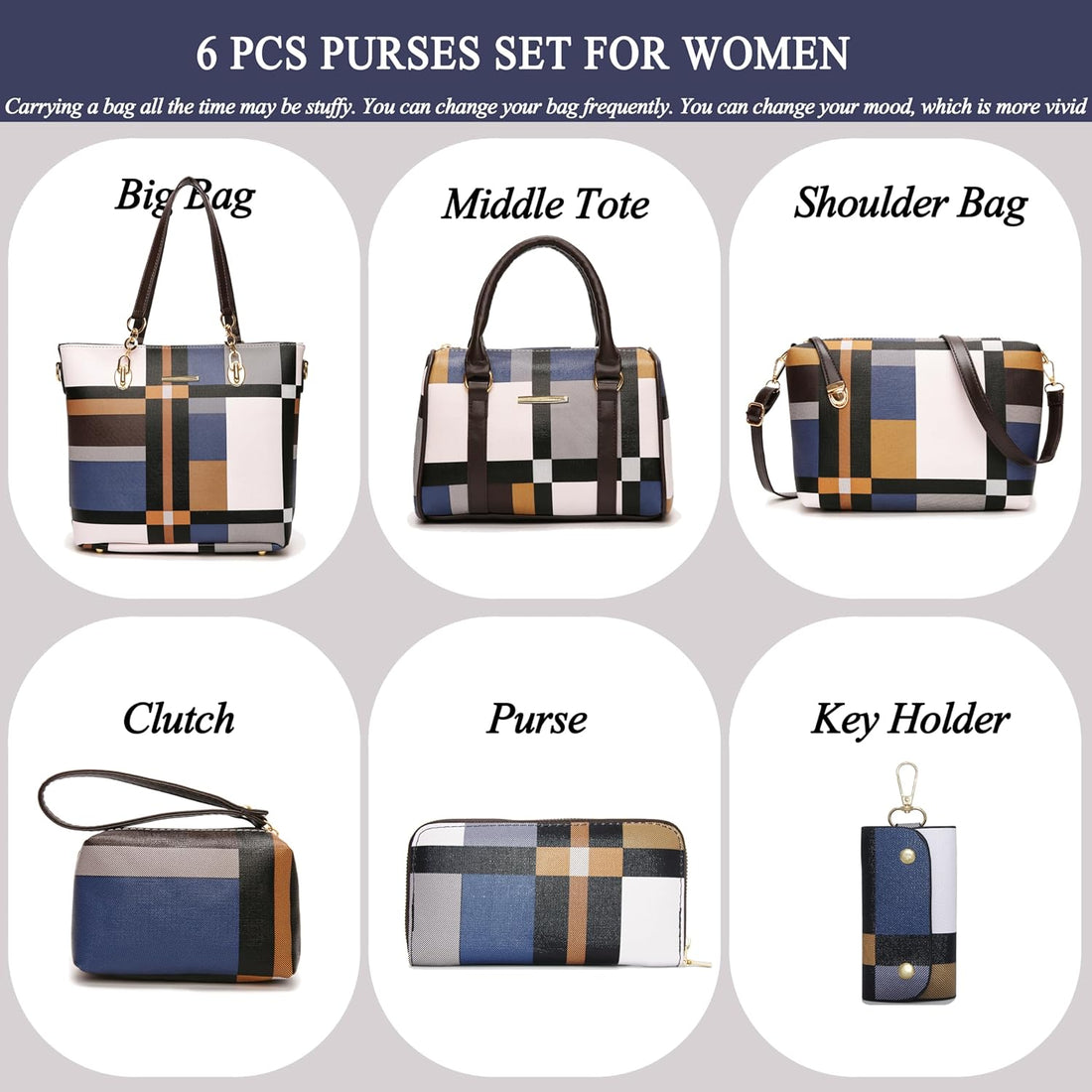 Elegant 6-Piece Women's Handbag Set – Tote, Satchel, Shoulder Bag & Clutch