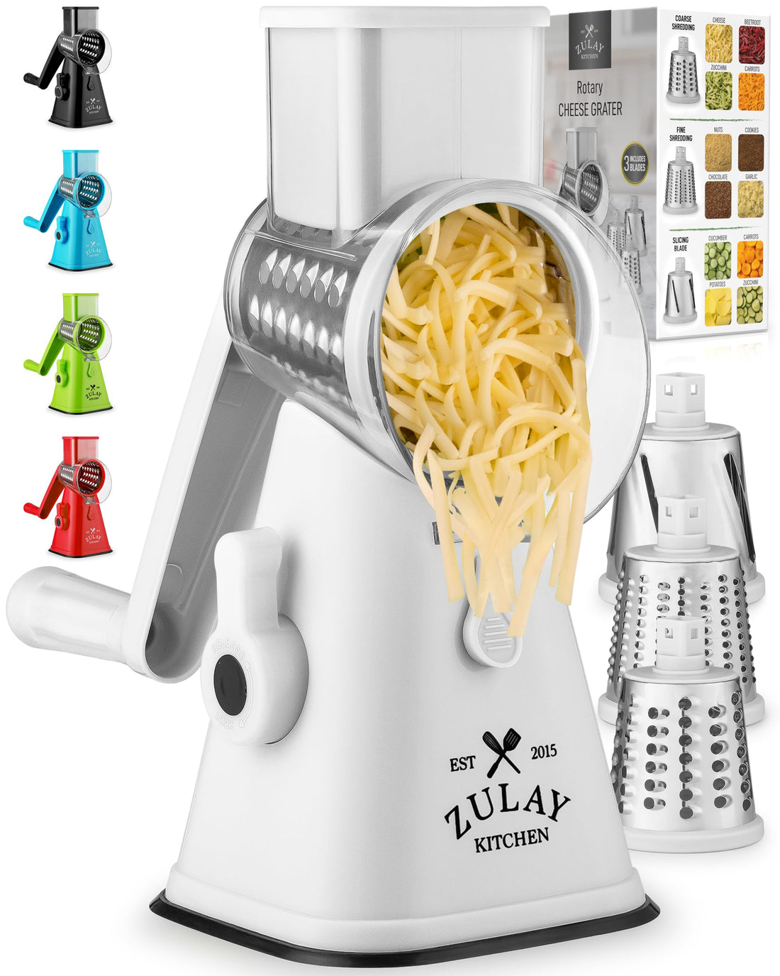 Hand Crank Cheese Grater with Suction Base - 3 Stainless Steel Blades