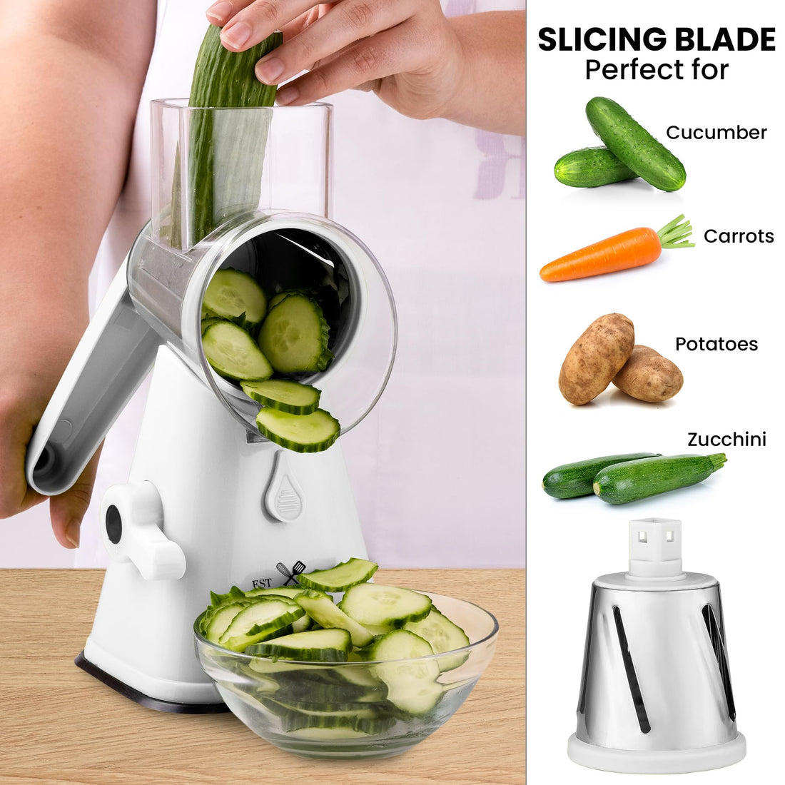 Hand Crank Cheese Grater with Suction Base - 3 Stainless Steel Blades