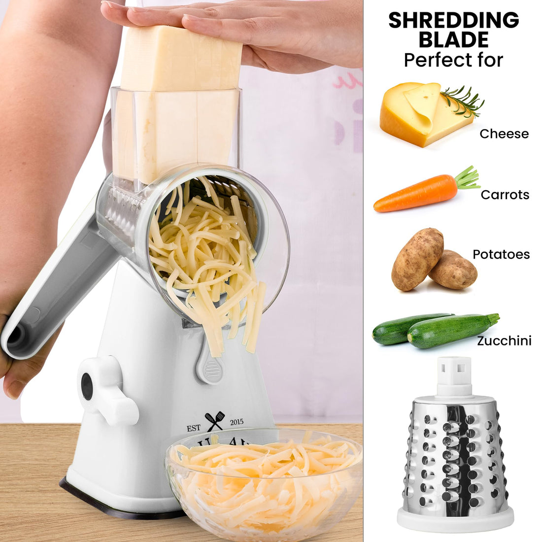 Hand Crank Cheese Grater with Suction Base - 3 Stainless Steel Blades