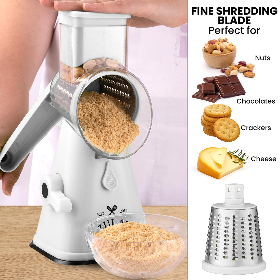 Hand Crank Cheese Grater with Suction Base - 3 Stainless Steel Blades