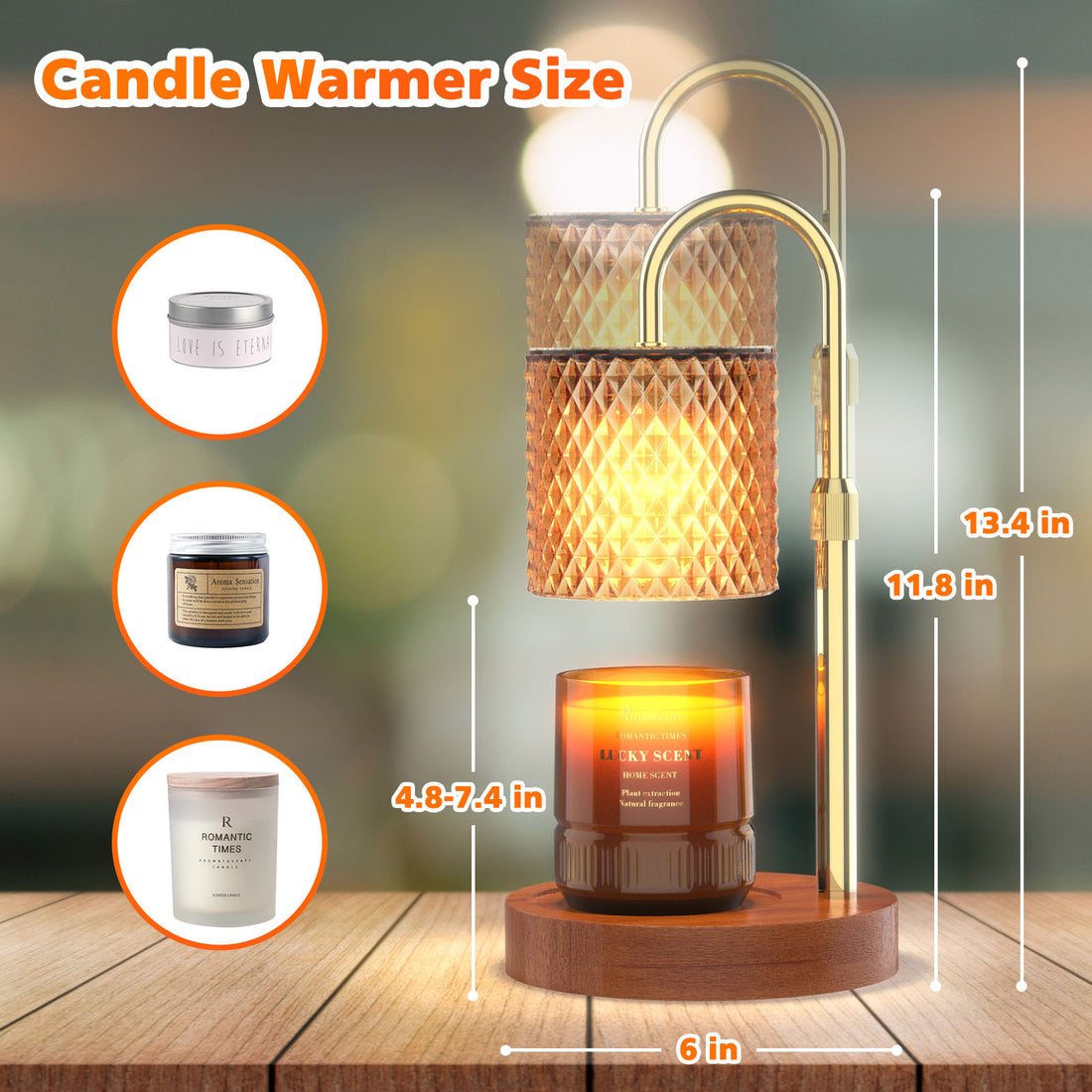 RAINBEAN Candle Warmer Lamp, Adjustable Height Electric Candle Warmer with Timer and Dimmer Vintage Wax Warmer Light for Jar Candles Home Decor Gifts Amber Glass & Walnut Wood