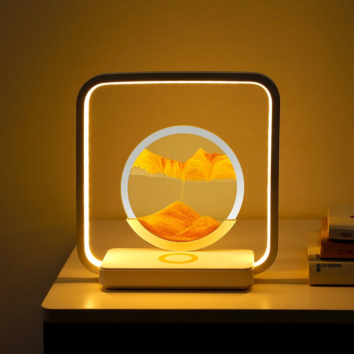 3D Flowing Sand LED Night Light Moving Sand Painting Hourglass for Bedroom Desk Lamp Home Decor with Wireless Charging