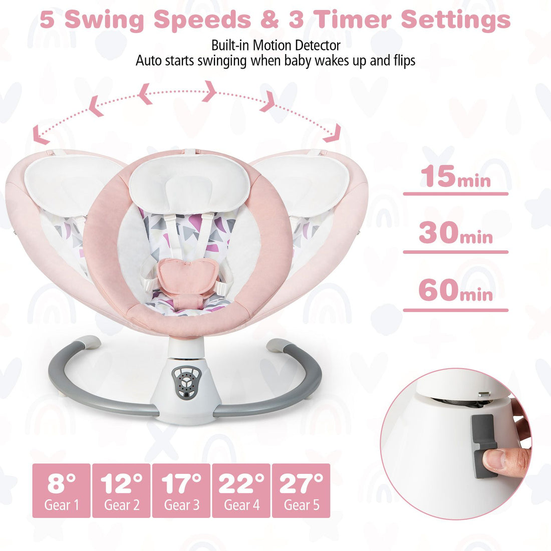 Baby Bouncer with 5 Swing Speeds and Built-In 17 Music for Newborn