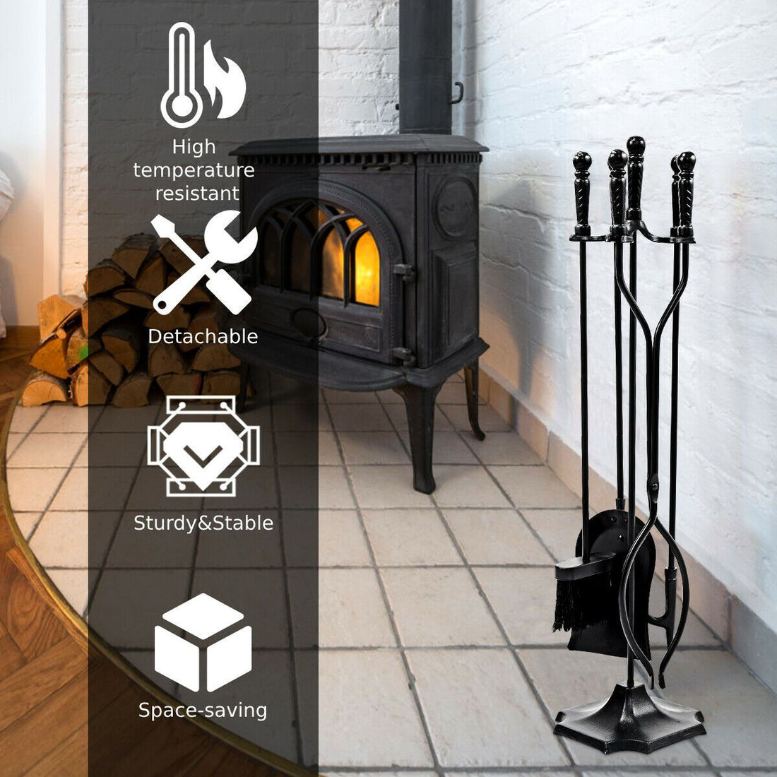 5 PCS Fireplace Tools Set with Stand