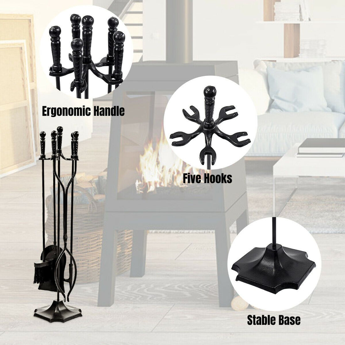 5 PCS Fireplace Tools Set with Stand