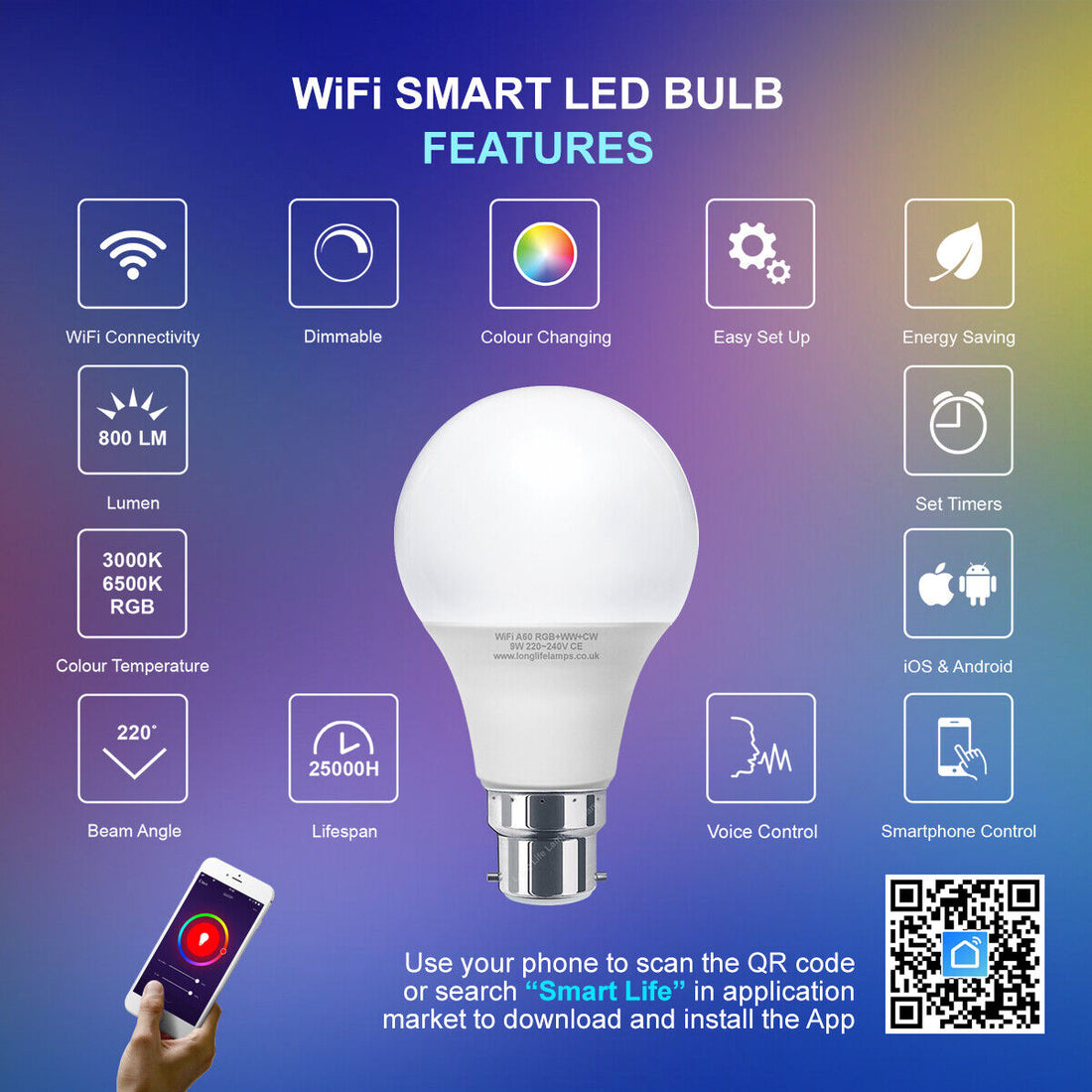 Wifi RGB Smart LED Light Bulb for Apps by Ios Android Amazon Alexa Google Home