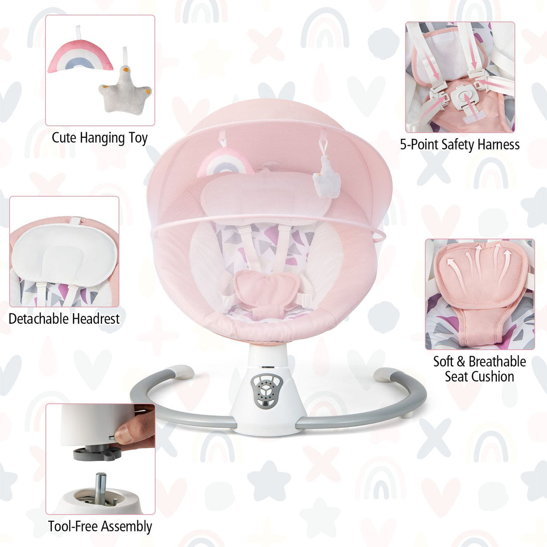 Baby Bouncer with 5 Swing Speeds and Built-In 17 Music for Newborn