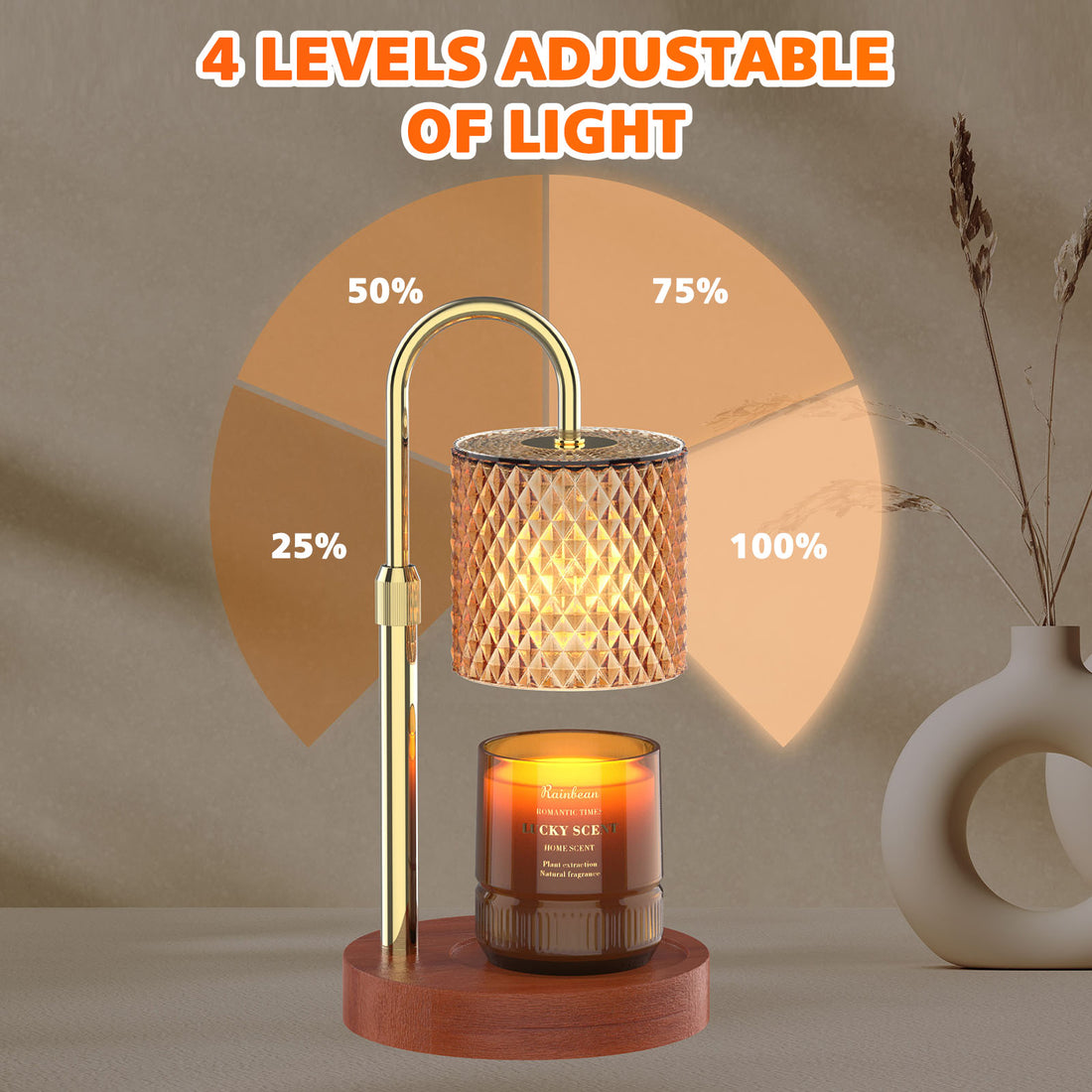 RAINBEAN Candle Warmer Lamp, Adjustable Height Electric Candle Warmer with Timer and Dimmer Vintage Wax Warmer Light for Jar Candles Home Decor Gifts Amber Glass & Walnut Wood